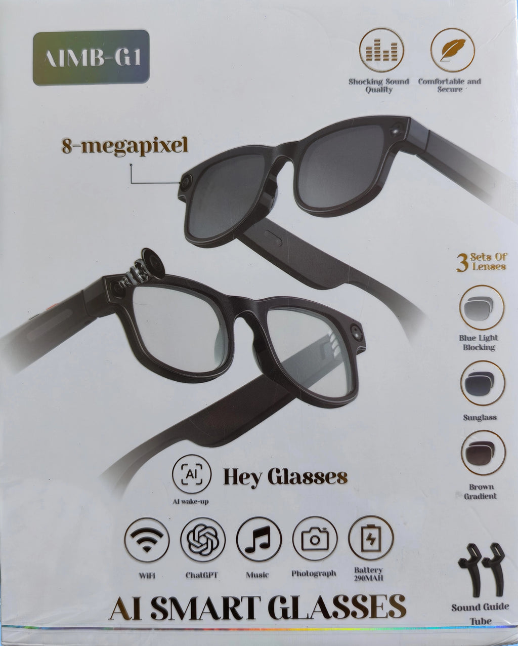 Lunettes AIMB-G1 avec caméra 8 MP, vidéo 1080p, flash, IA/ChatGPT, traduction via appli, Wi-Fi, Bluetooth, commandes tactiles, audio Hi-Fi, appels mains-libres, détection de port, charge magnétique