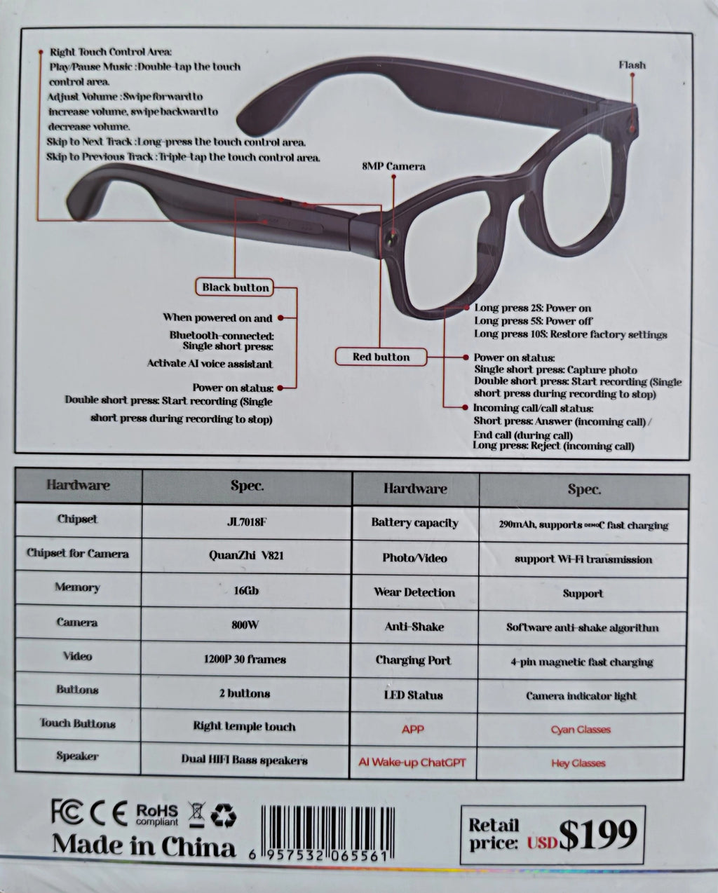 Lunettes AIMB-G1 avec caméra 8 MP, vidéo 1080p, flash, IA/ChatGPT, traduction via appli, Wi-Fi, Bluetooth, commandes tactiles, audio Hi-Fi, appels mains-libres, détection de port, charge magnétique