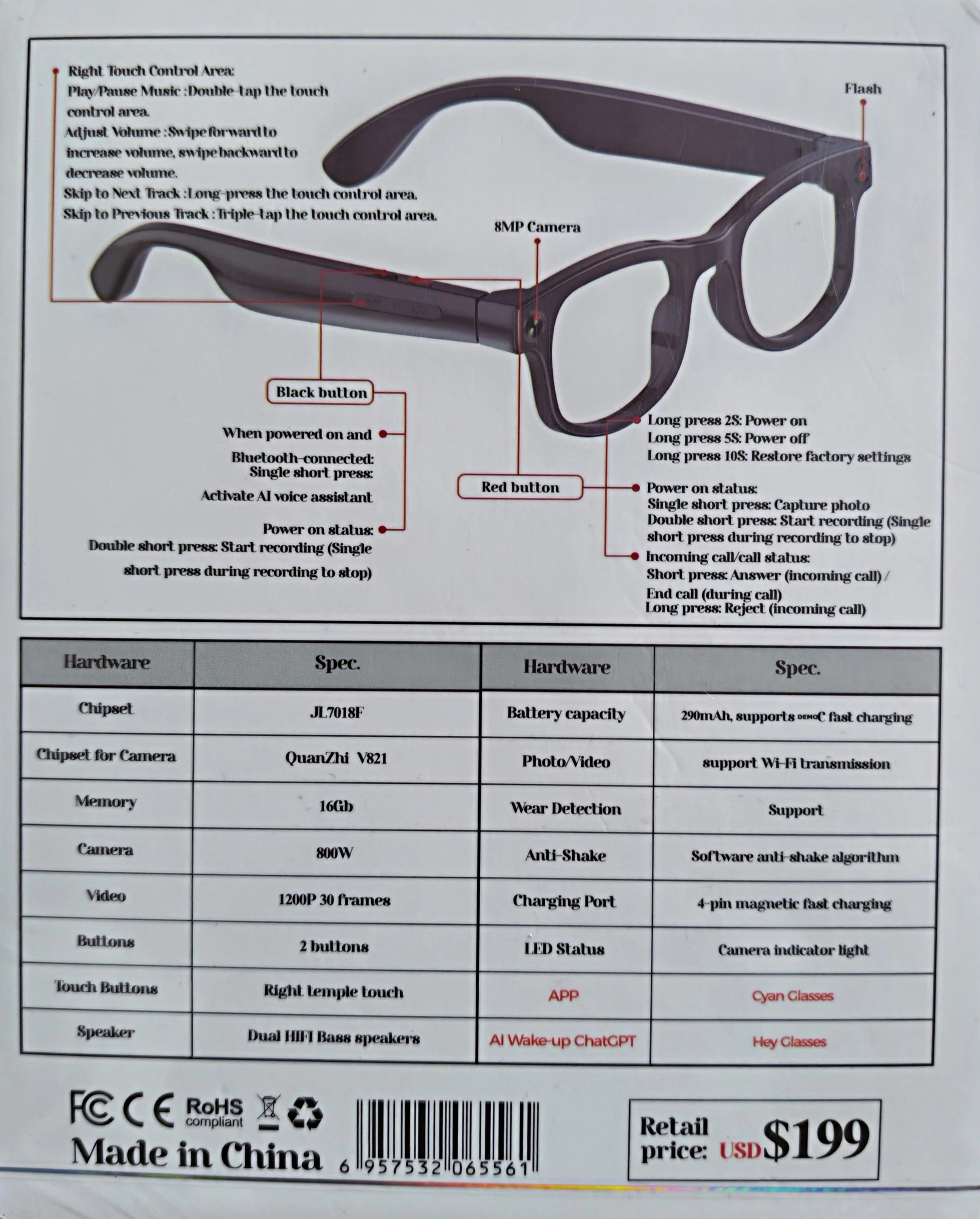 Lunettes AIMB-G1 avec caméra 8 MP, vidéo 1080p, flash, IA/ChatGPT, traduction via appli, Wi-Fi, Bluetooth, commandes tactiles, audio Hi-Fi, appels mains-libres, détection de port, charge magnétique