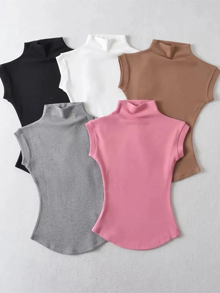 T-shirt Pull col roulé sans manches pour femme
