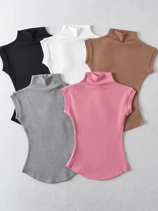 T-shirt Pull col roulé sans manches pour femme