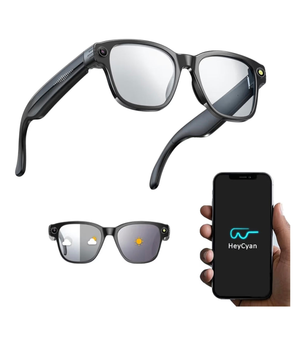 Lunettes AIMB-G1 avec caméra 8 MP, vidéo 1080p, flash, IA/ChatGPT, traduction via appli, Wi-Fi, Bluetooth, commandes tactiles, audio Hi-Fi, appels mains-libres, détection de port, charge magnétique