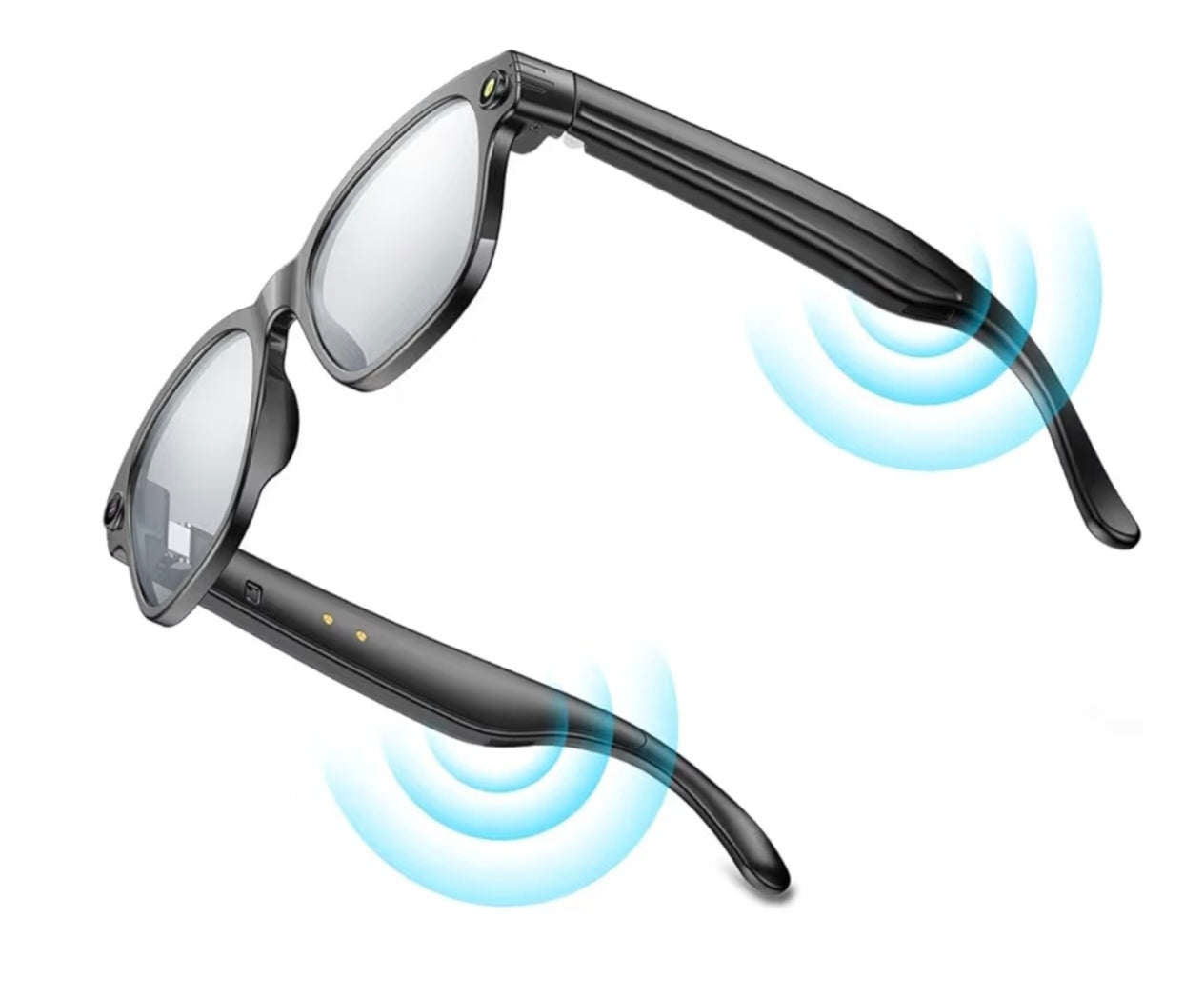 Lunettes AIMB-G1 avec caméra 8 MP, vidéo 1080p, flash, IA/ChatGPT, traduction via appli, Wi-Fi, Bluetooth, commandes tactiles, audio Hi-Fi, appels mains-libres, détection de port, charge magnétique