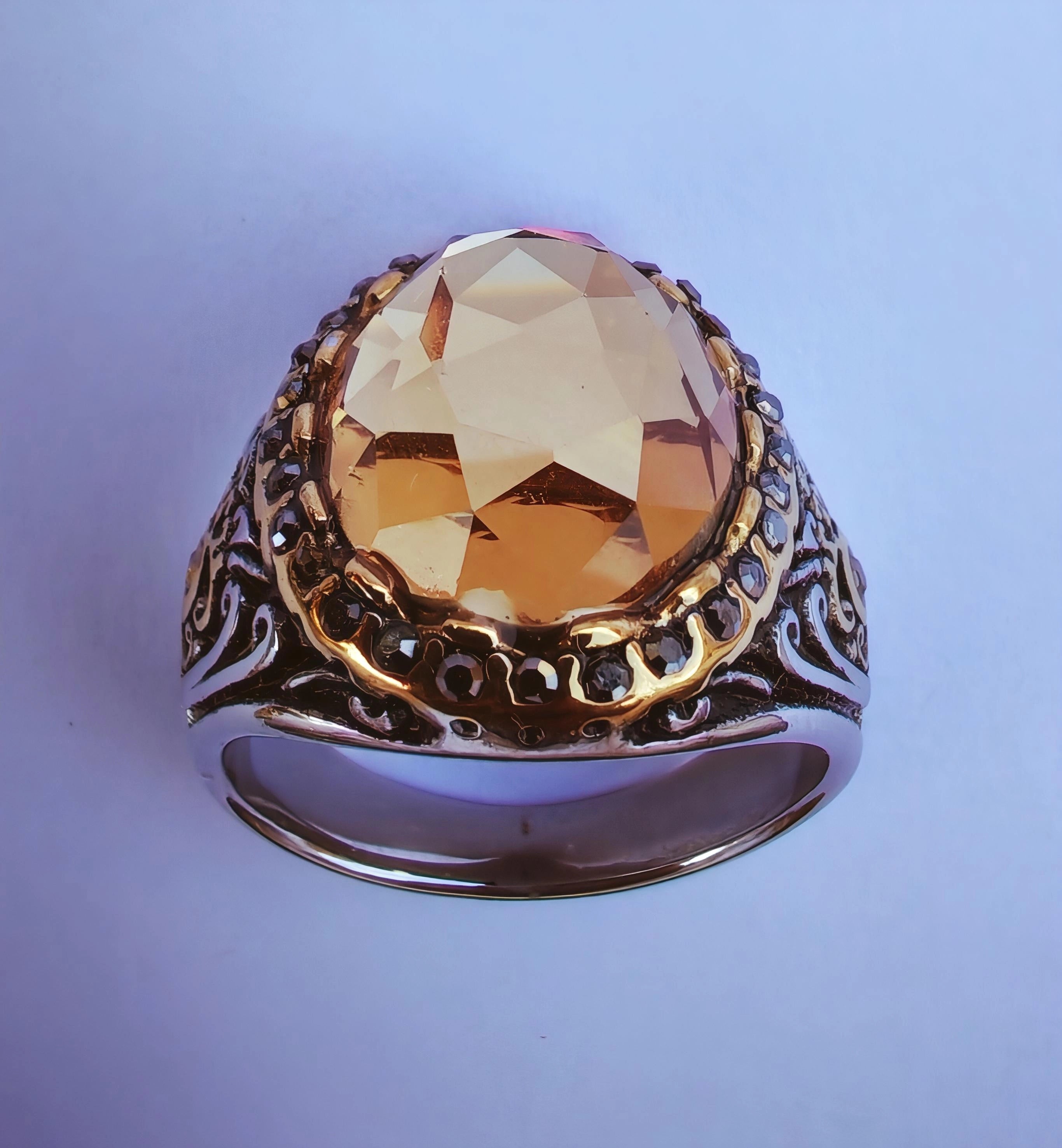 Bague citrine homme en acier inoxydable, design turc.